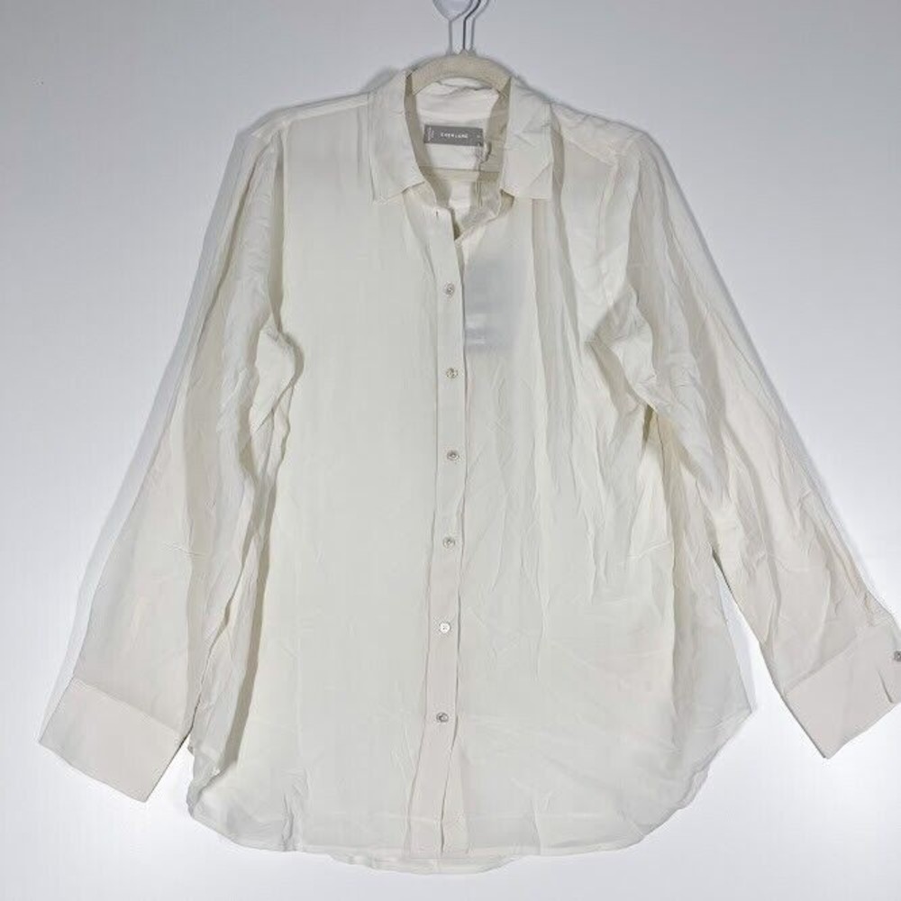 Everlane The Clean Silk Relaxed Shirt Womens Button Down Blouse Off White 12 NWT - Picture 2 of 10
